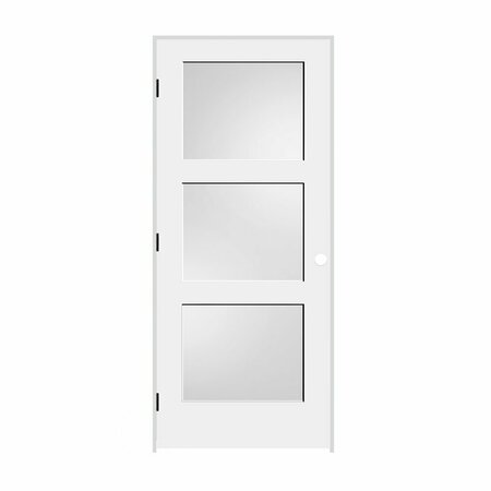 CODEL DOORS 34"x80"x1-3/8" Primed 3-Panel Equal Panel w/White Lami Glass Interior Shaker 4-9/16" RH Prehung Door 2168pri8433GLRH1D4916